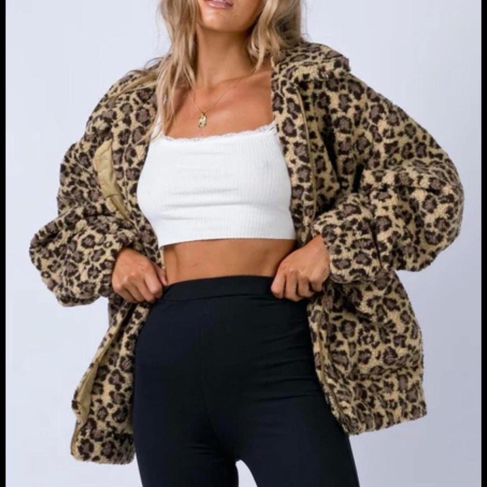 Princess Polly Leopard Print Faux Fur Jacket Size S/M